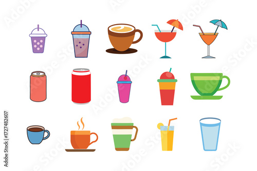 Drinks Coffee Cocktails Flat Vector Icon Set