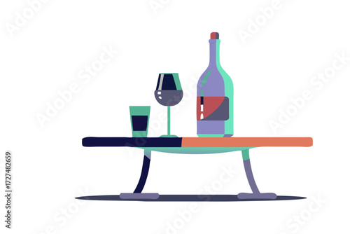 Vector illustration of a bottle and glass of red wine on the table in vintage elegant minimal style .vector icon
