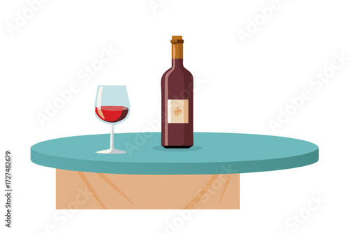 Vector illustration of a bottle and glass of red wine on the table in vintage elegant minimal style .vector icon

