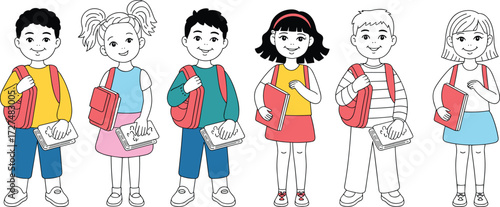 Cute diverse school children with backpacks and books, happy cartoon students, education concept, learning illustration for poster or banner design