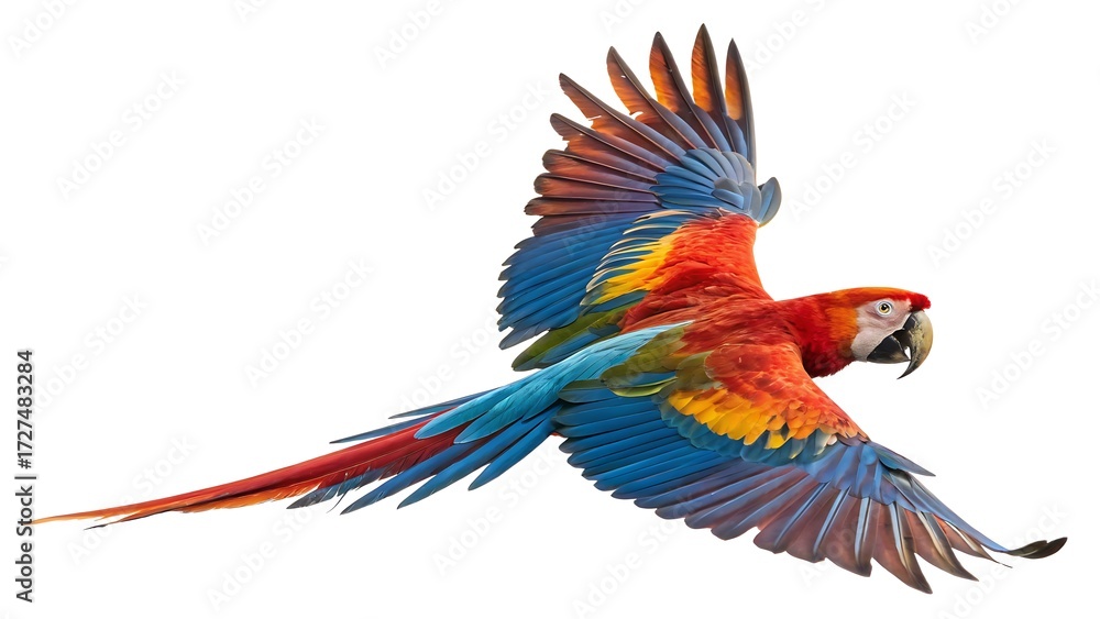 Obraz premium Vibrant macaw parrot in flight against a white background