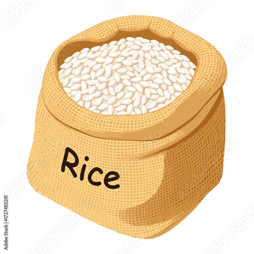 Burlap Sack Full of White Rice Grains Isolated Vector Illustration isolated