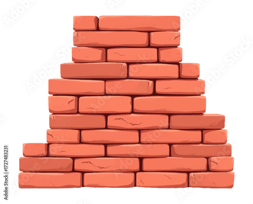 Red Brick Wall Fragment Construction Material Isolated on White Background