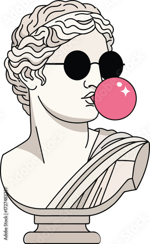 Ancient greek, Roman sculpture classical bust adorned with a black round sunglasses blowing a pink bubblegum bubble editable vector illustration icon. Vintage bubblegum man pop art elements vector 
