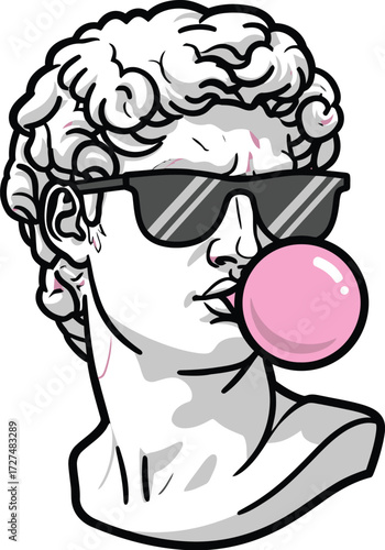 Ancient greek, Roman sculpture classical bust adorned with a black round sunglasses blowing a pink bubblegum bubble editable vector illustration icon. Vintage bubblegum man pop art elements vector 