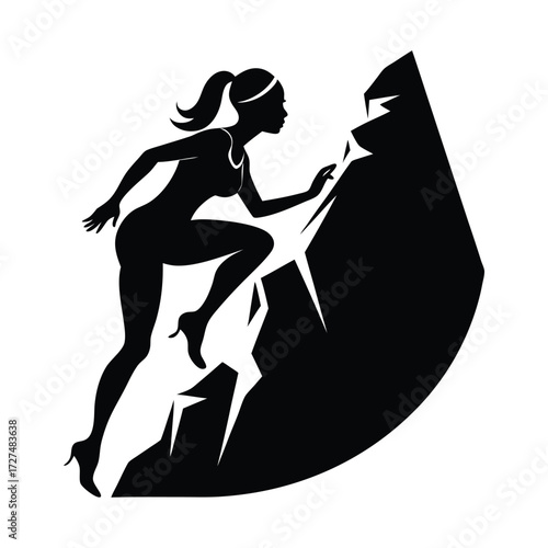 Silhouette of a determined woman in high heels climbing a jagged rock face symbolizing ambition success and overcoming challenges with strength and grace