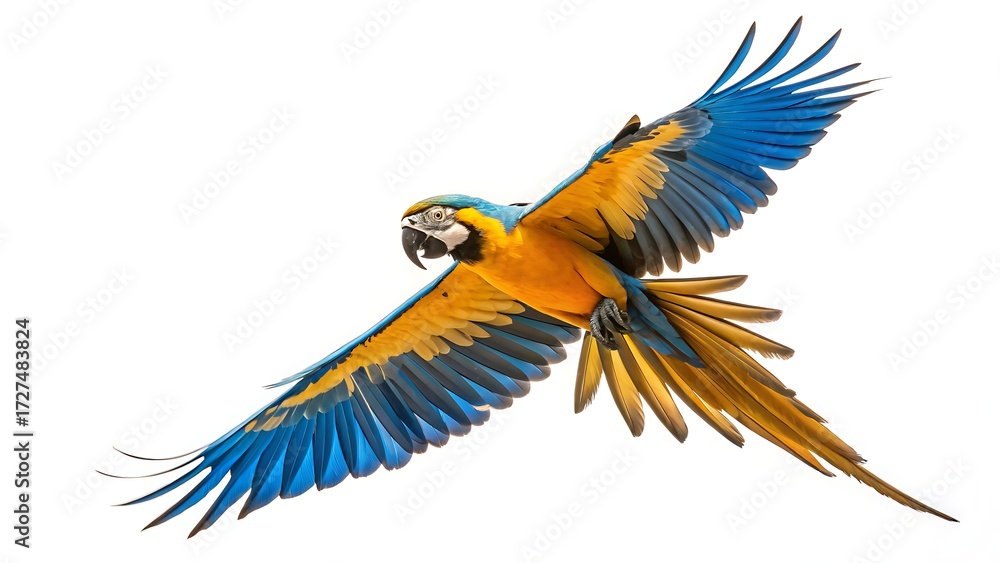 Fototapeta premium Vibrant blue and gold macaw parrot in flight isolated on white background