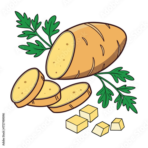 A whole potato cut in half with slices and cubes alongside fresh green parsley sprigs on a white background illustrating raw ingredients for cooking and healthy eating