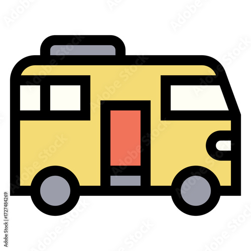 Icono de bus escolar. Autobús amarillo utilizado para transporte de estudiantes que simboliza movilidad, educación y seguridad. Ilustración vectorial