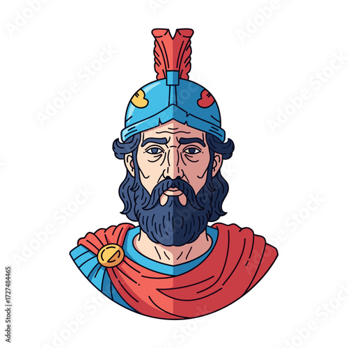 Illustrated bust of a bearded ancient Greek warrior with a plumed helmet and red cape.