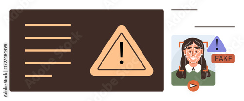Warning triangle with alert symbol beside AI-generated face marked as fake. Ideal for cybersecurity, misinformation, content authenticity, digital ethics, online safety, deepfake detection, simple