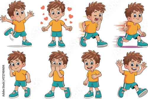 Cartoon boy character with different emotions and actions, funny kid expressions, happy, sad, surprised, running, thinking, laughing, playing