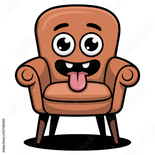 An amusing cartoon armchair with a smiling face and its tongue sticking out