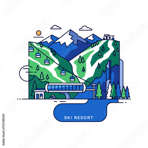 Vector Illustration of a Ski Resort with Mountains and Gondolas.