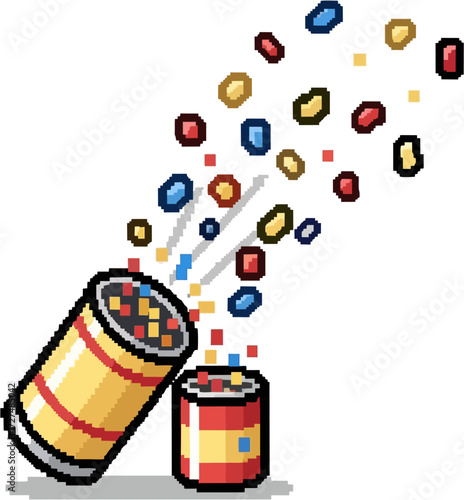 Pixel art depicts a party popper exploding colorful confetti, celebrating.