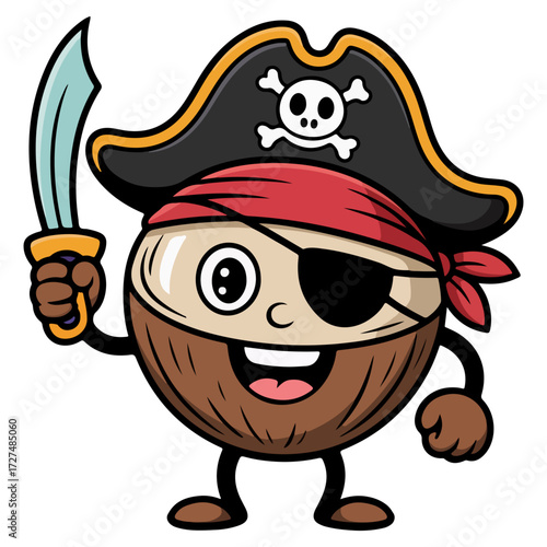 A cartoon illustration of a pirate coconut with a sword. The coconut character wears a pirate hat and has an eyepatch
