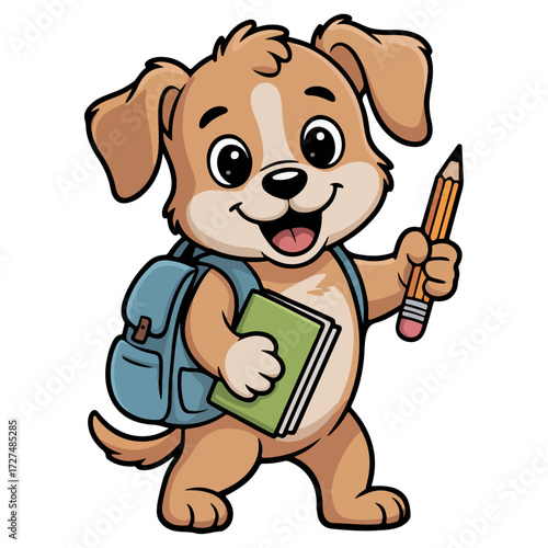 A cute cartoon puppy with backpack, book and pencil is ready for school