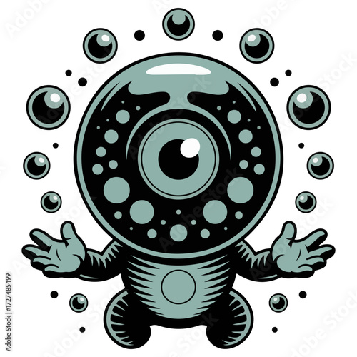An illustrated, cartoon-like character, featuring a large eye and various sphere elements around it
