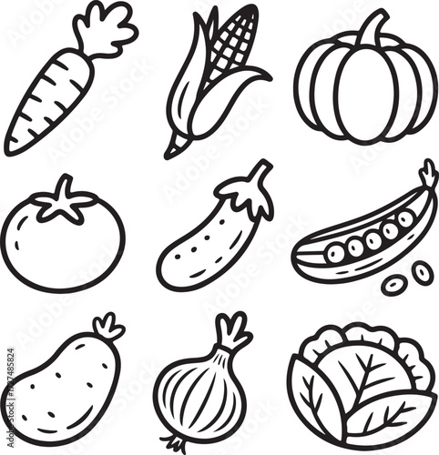 Set of nine hand-drawn vegetable illustrations in a simple black and white kids doodle style