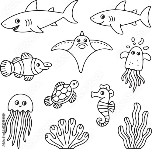 Kids' doodle marine life set. Hand-drawn outline sea creatures for educational activities and coloring projects