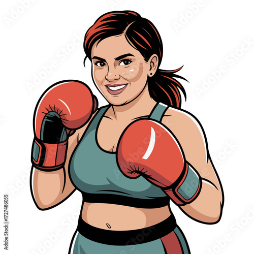 A female boxer with a confident smile poses with boxing gloves
