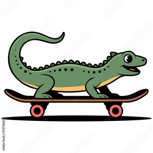 A cartoon of a skateboarding lizard, with a friendly and animated expression, conveying a sense of fun and playfulness.