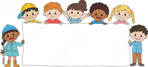 Group of happy cartoon kids holding blank banner, children standing together smiling, space for text, playful childhood illustration for school design