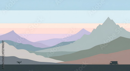 Serene mountain landscape with vibrant pastel skies and a traveling van, perfect for travel and adventure