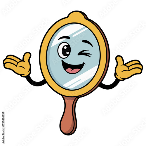 An animated cartoon of a winking mirror with arms and hands gesturing cheerfully 