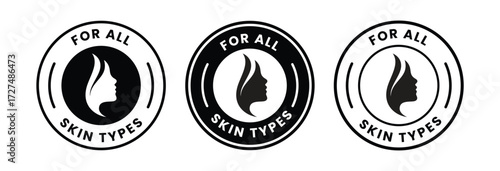 For all skin types label icon set. Face beauty women skin care packaging label for cream, toner, moisturizer, facial mask, lotion, logo, badge, symbol, black, line vector, isolated on white background