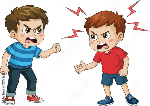 Two angry boys arguing loudly, children fighting and shouting, cartoon kids conflict illustration, emotional expressions, bad behavior, childhood quarrel scene