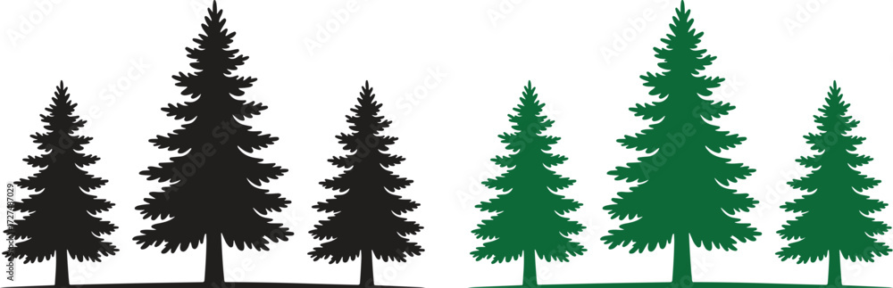 Obraz premium Pine tree silhouette vector illustration, forest tree icon. pine tree icon green and black silhouette vector illustration on transparent background. Tree and forest silhouettes vector .