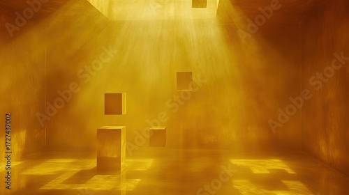 Golden cubes in hazy sunlight minimalist abstract room
