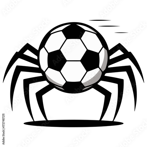 An illustration of a soccer ball with spider legs, a unique sports concept. A depiction of the sport concept, with its black and white color scheme gives it a striking appearance 