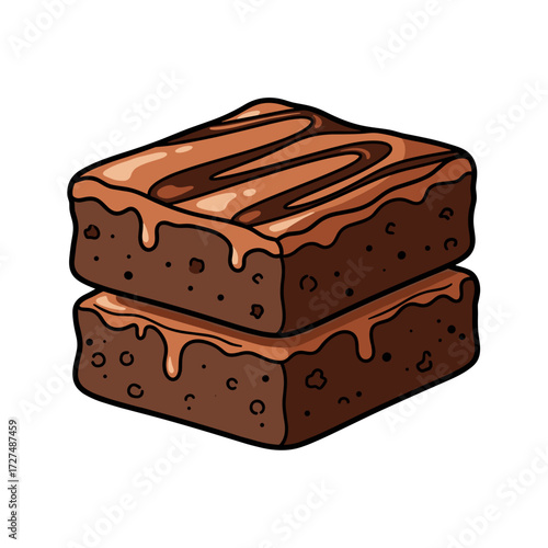 Two Stacked Chocolate Brownies with Caramel Drizzle.