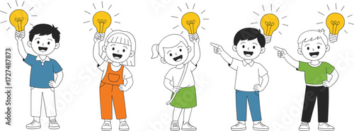 Cartoon kids holding bright light bulbs, creative idea illustration of children brainstorming, innovation and imagination concept for education design