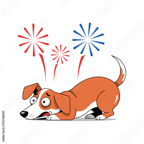Frightened brown and white cartoon dog with wide eyes crouching on the ground in fear and anxiety.