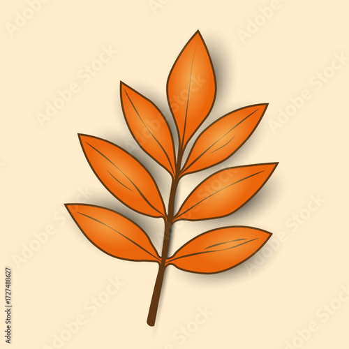 An orange, fallen autumn leaf with streaks highlighted on a beige background. An isolated cartoon sheet for seasonal designs. Vector EPS 10.