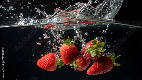 Juicy red strawberries splash energetically in underwater environment with bubbles on dark background