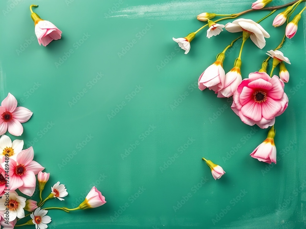 Fototapeta premium Floral arrangement with pastel blossoms on a vibrant teal background for spring