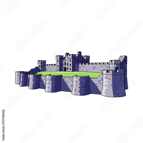 Medieval Stone Castle with Crenellated Walls and Towers.