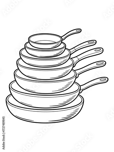 Stack of assorted frying pans and saucepans in a line drawing