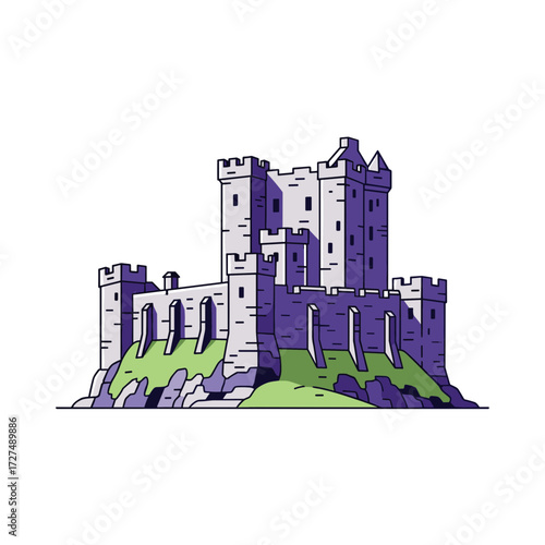 Stylized purple medieval castle illustration with multiple towers battlements and green grassy hill base.