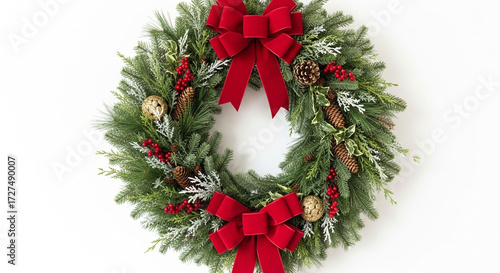 Buy christmas wreath with red velvet bows pine cones and berries for holiday front door decoration