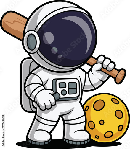 Astronaut Character Illustration with Baseball Bat and Moon Artwork for Graphic Design and Merchandise
