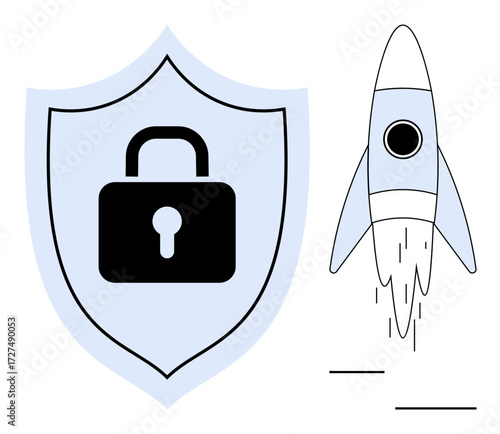 Shield with lock and a launching rocket represent security, progress, and innovation. Ideal for cybersecurity, protection, technology, safety, innovation trust and futuristic growth. A simple flat