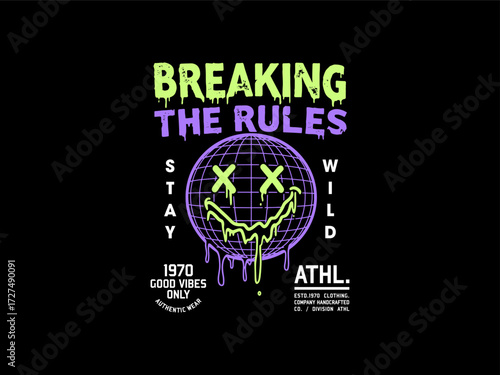Rebellious Dripping Smiley Globe Urban Streetwear Graphic T-Shirt Design, design t-shirt streetwear clothing, vector typography, perfect for modern apparel