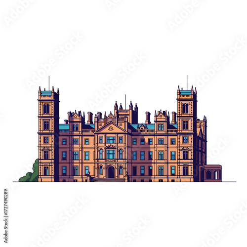 Ornate Victorian castle illustration with warm tones bold blue shadows and intricate line art.