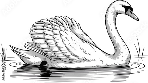 Black and white swan illustration, floating on water, raised wings, curved neck, ripples, reeds, wildlife art, vector drawing, animal sketch