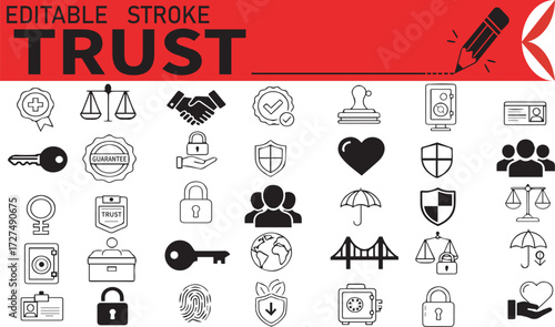 Trust & Security Icons – Editable Stroke Vector Set for Legal, Business & Tech Use